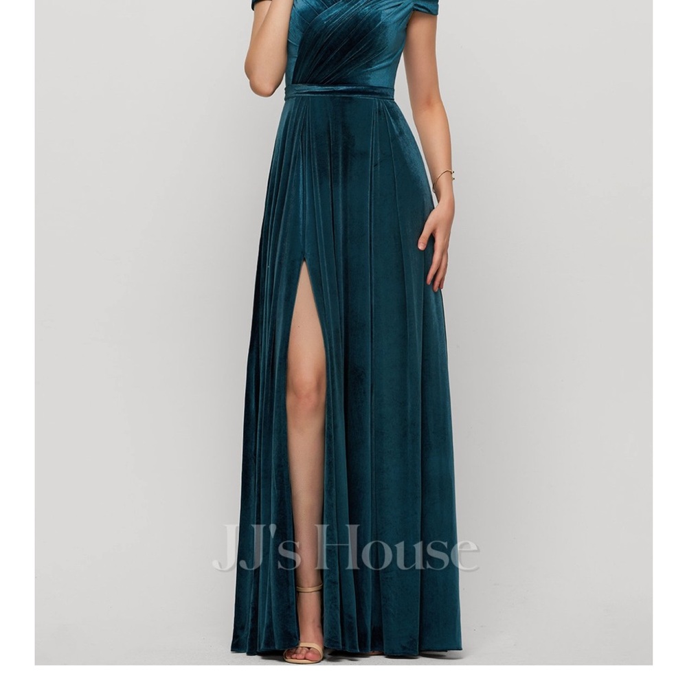 JJs House Blue Maxi Gown with Slit Crew Neck